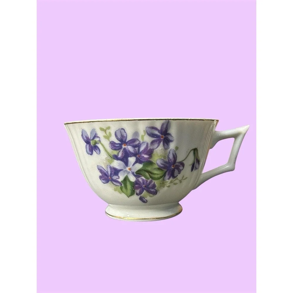 VTG Purple Violet Teacup Saucer Made in Japan Gold Trim Swirl Floral Mid Century